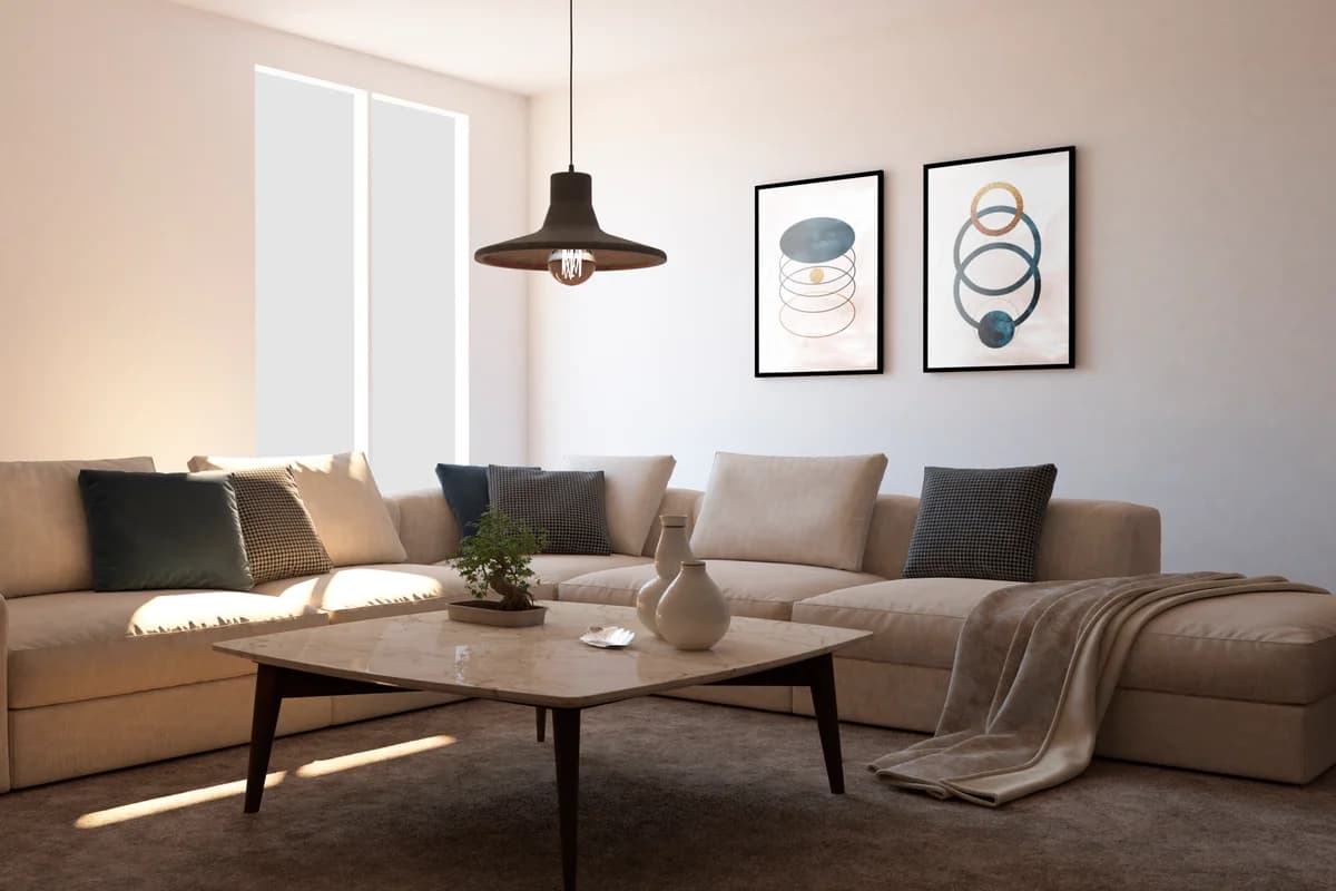 Coastal style bedroom featuring light blues and sandy beige tones